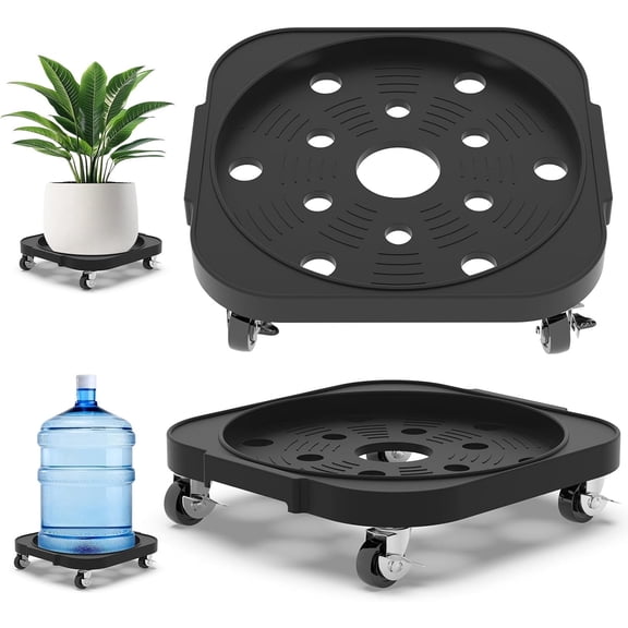 2 Pack Plant Stand with Rolling Tray, 5 Gallon Water Bottle Jug Holder with 360° Rolling Swivel Casters Wheels,  11'' Heavy Duty Plant Caddy, Black