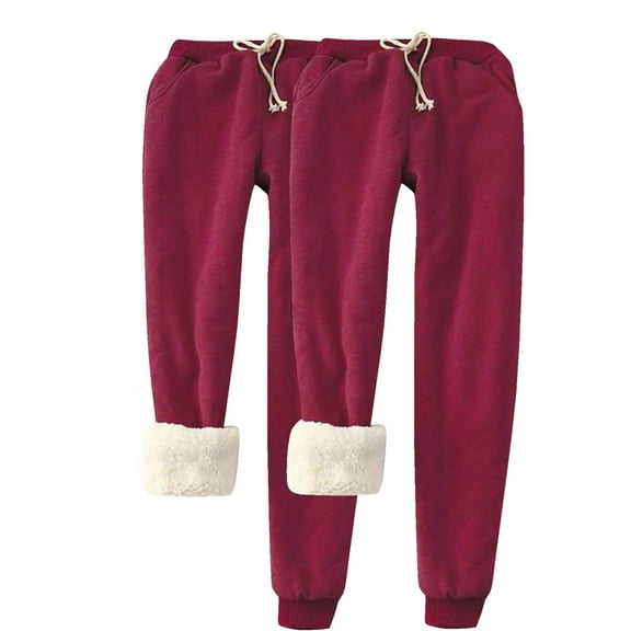 XUNKUSGA 2PC Sweatpants Women Thicked Fuzzy Lined Joggers for Women Warm Thick Athletic Joggers Women Winter Solid Color Casual Womens Sweatpants S-5XL Red
