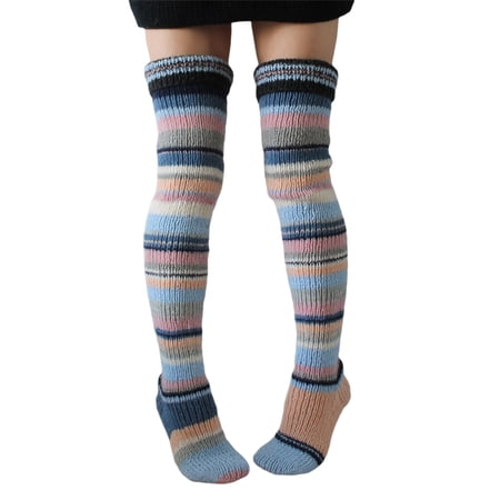 Bmnmsl Women Knitted Stockings Mixed Color Stripes Knee-high Socks Long Stockings