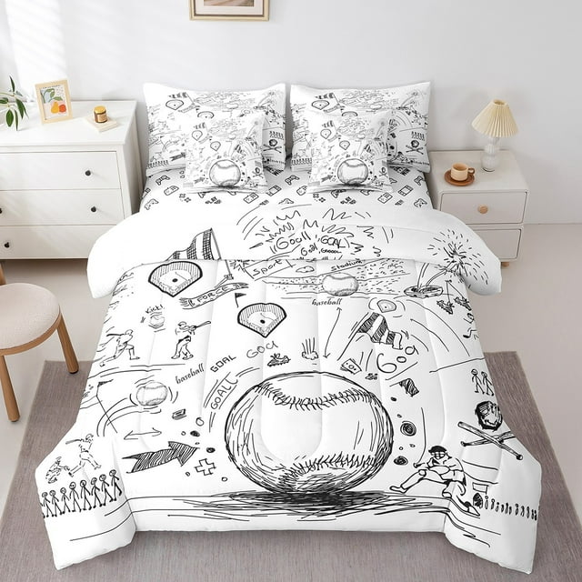 YST Kids Baseball 7-Piece Comforter Set, Queen, Sports Games, Cartoon Baseball Field
