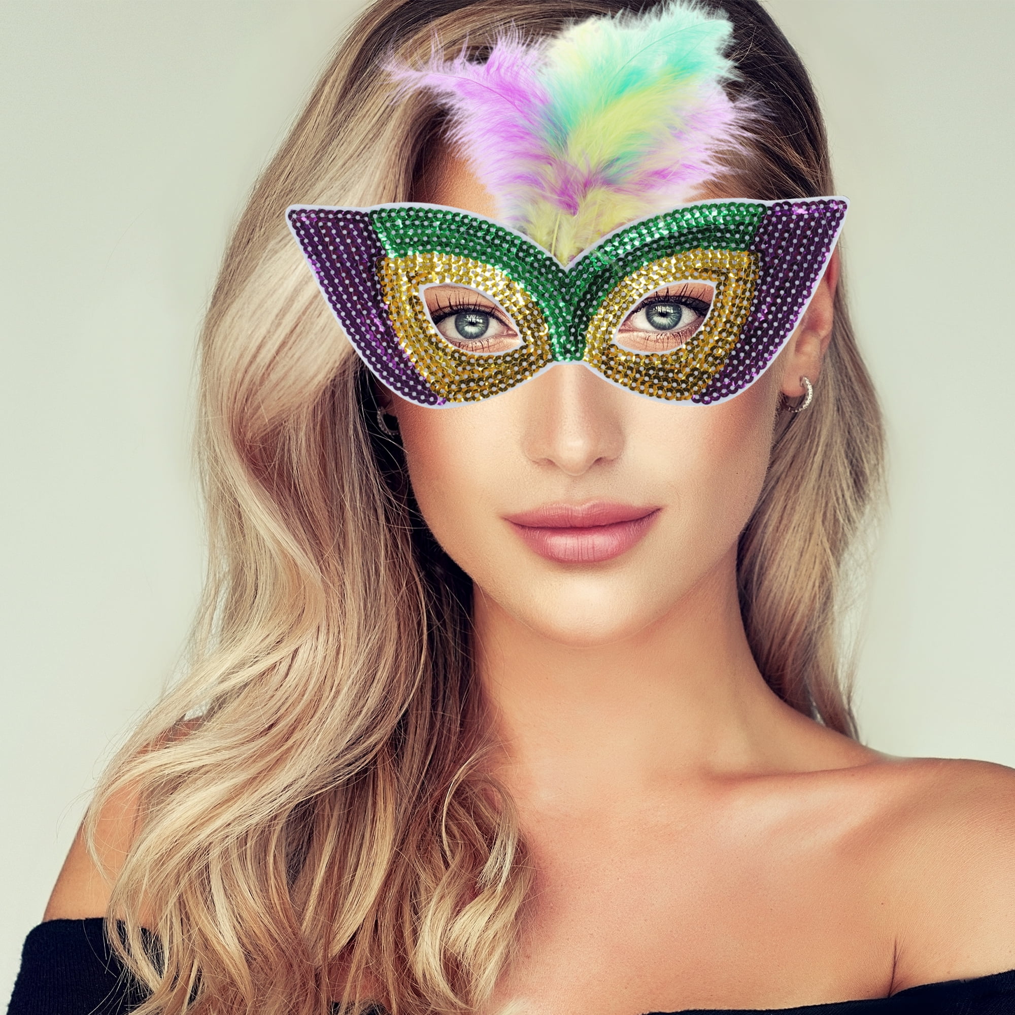 Unique Bargains Colorful Feather Sequins Half Face Party Mask Gold