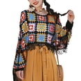 thumbnail image 4 of Hollow Out Crochet Knit Loose Sweater Long Sleeve Tassels Hem Cover Up Pullover Crop Top for Womens, 4 of 9