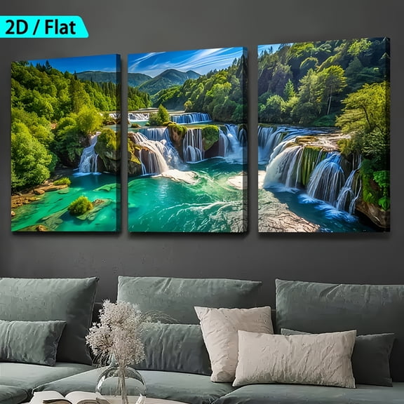 [Holiday Gift] 2D Flat, [2D/Flat Print] Framed Canvas Painting And Poster, Ready to Hanging, Natural Waterfall, Lake, Forest Scenery, Large Size Home Decor, Wall Art, Room Decoration, Holiday Gift