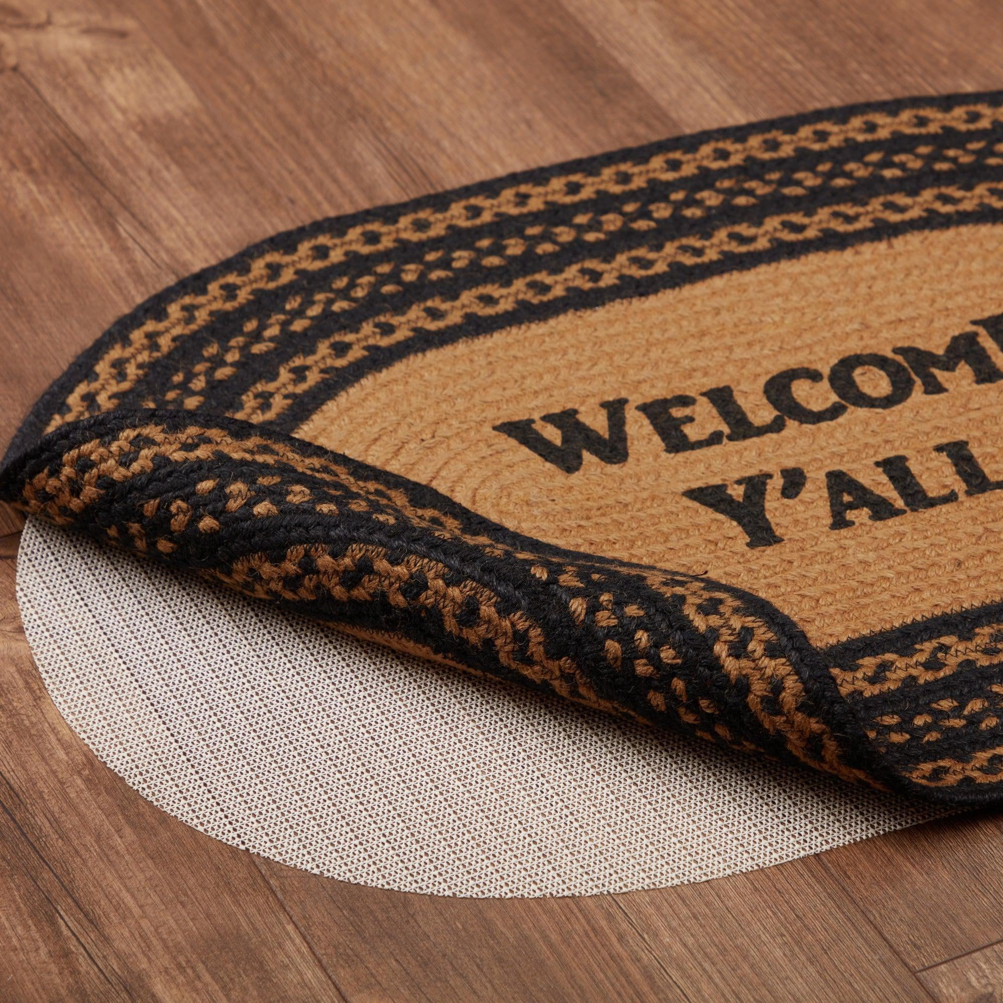 VHC Brands Farmhouse Jute Black Stenciled Accent Rug Oval Welcome Y'all w/ Floor Pad 20"x30"