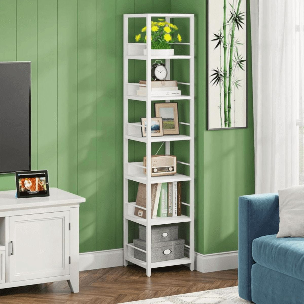 6-Tier Corner Bookshelf, Space-Saving Storage Rack with Anti-Slip Fences, Multipurpose for Living Room, Kitchen, Bathroom