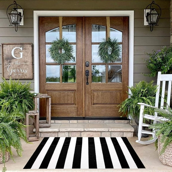 KaHouen Black and White Striped Rug 35.4 x 59 Inches, Indoor Front Porch Stripe Rug, Woven Washable Hand-Woven Stripe Outdoor Rugs for Layered Door Mats, Front Porch,Farmhouse,Kitchen…