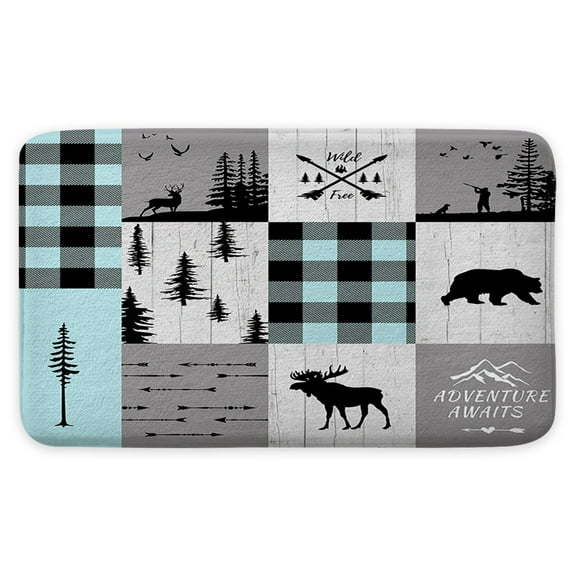 Rustic Cabin Lodge Bath Mat, Bear Moose Deer Trees Decor Bathroom Rugs, Soft Polyester Flannel, 17 X 29 Inches