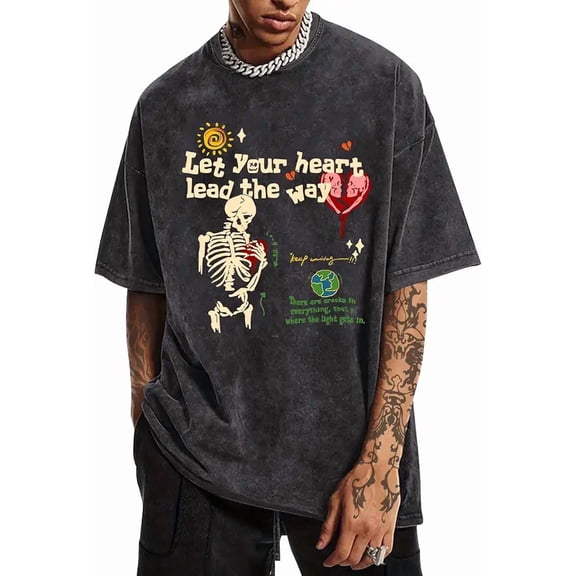 Weetiotio Mens Skeleton Graphic Tee Shirt Streetwear Vintage Acid Wash Shirts Inspirational Letter Print Tshirts Summer Top