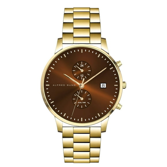 Alfred Sung Dual Time Brown dial Gold stainless steel bracelet Men's watch