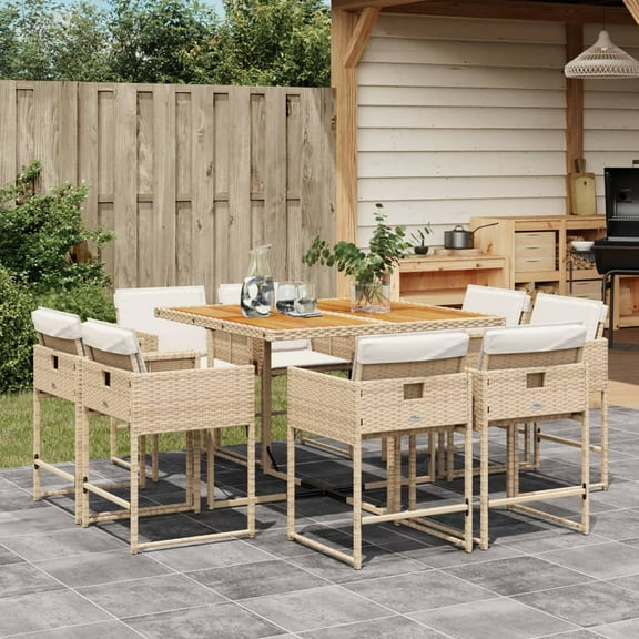 vidaXL 9 Piece Patio Dining Set with Cushions Beige Poly Rattan