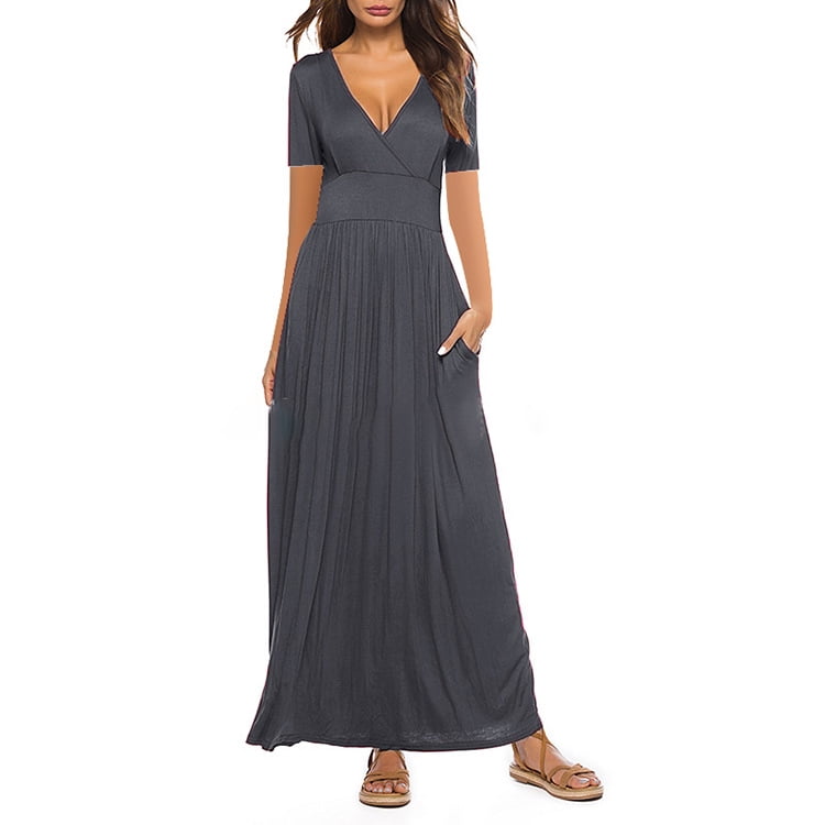 sexy gray v neck short sleeves maxi dress