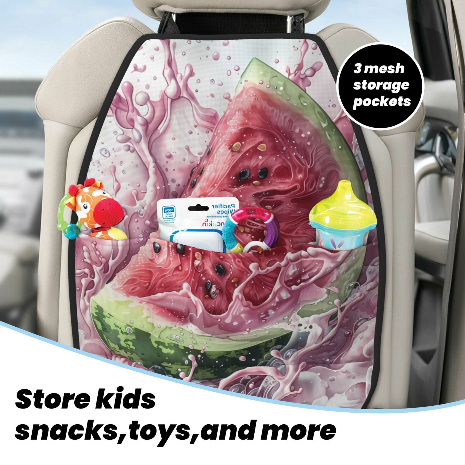 Kdxio Watermelon Splash Realism Art Print 2 Pack Car Kick Mat Seat Cover Back Protector Mat with Pockets for Organizer Backseat Protector and Storage Anti Kick Pad for Vehicles