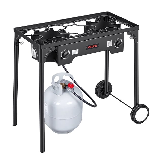 VEVOR Réchaud au Propane d'Extérieur à 2 Brûleurs, Réchaud de Camping au Propane et au GPL de 150 000 BTU, Cuisinière d'Extérieur en Acier au Carbone Robuste, avec 2 Roues et Régulateur de 20 PSI et Tuyau