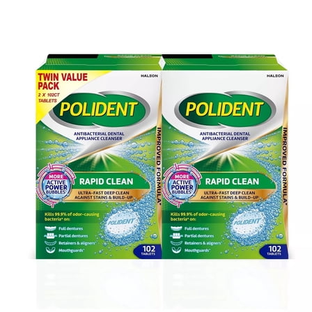 Polident Rapid Clean Dental Cleanser Tablets, 102 Count (Pack of 2)
