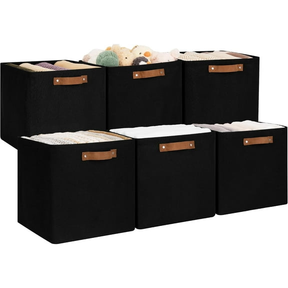 13x13 Inches Storage Cube, Fabric Storage Bins with PU Handles, Collapsible Organizer Baskets for Closet, Black, 6-Pack