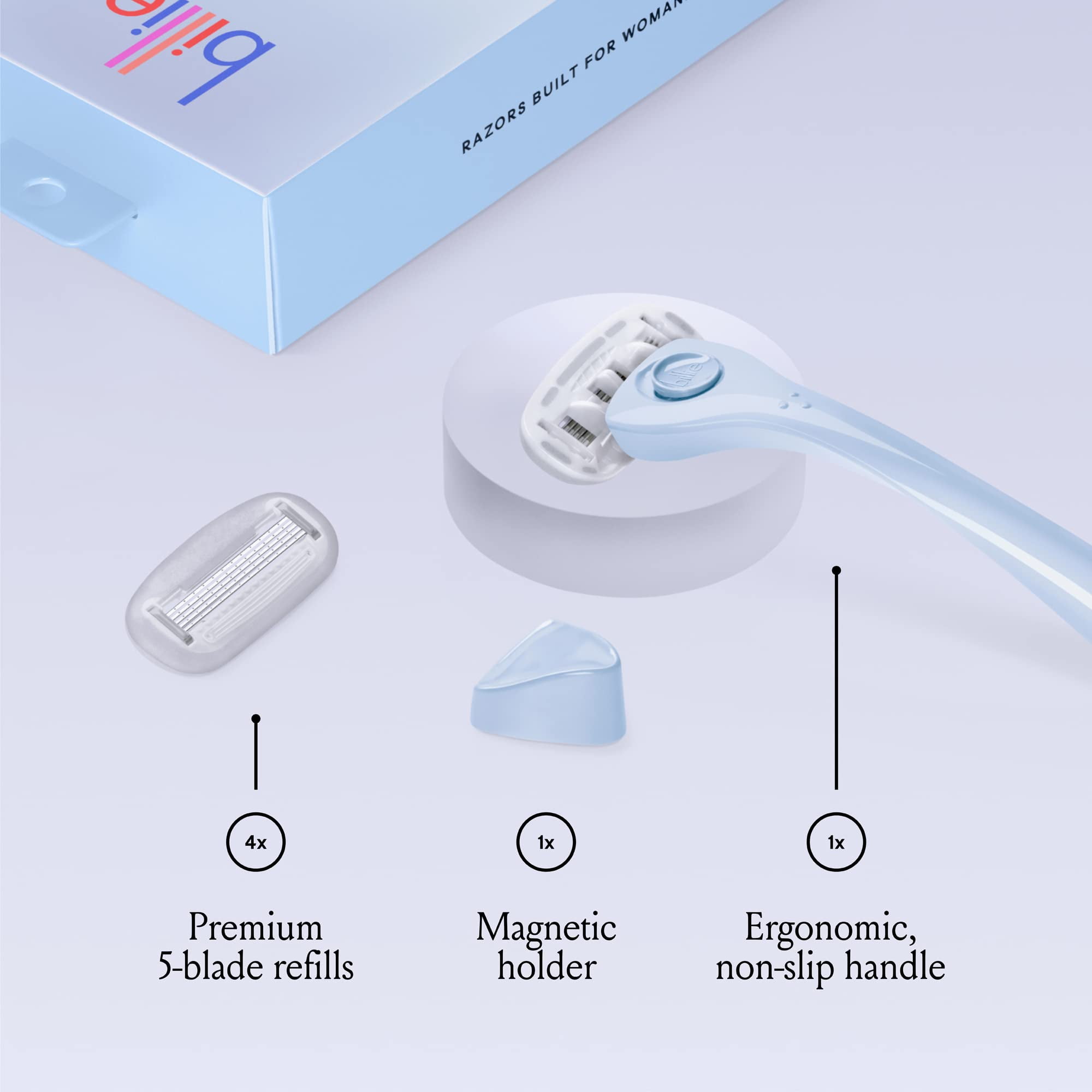 Billie Razors for Women Shave Kit  Womens Razor + 4 x 5-Blade Razor Refills + Magnetic Holder  Cool Blue