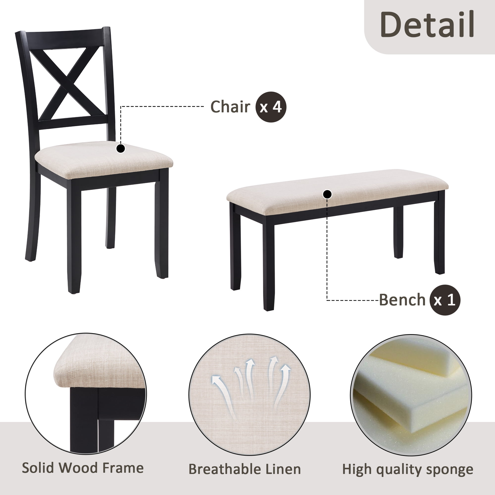 Leumius 6 Pieces Dining Table Set,Wood Dining Table Set with 4 Upholstered Chairs and a Bench,Modern Kitchen Table Set for 6 Person,White+Gray