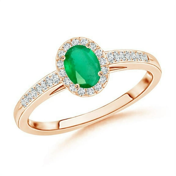ANGARA Natural Classic Oval Emerald Halo Ring with Diamond Accents in 14K Rose Gold for Women (Size-5x3mm) | May Birthstone, Birthday, Anniversary, Jewelry Gift for Women | Natural Emerald Ring