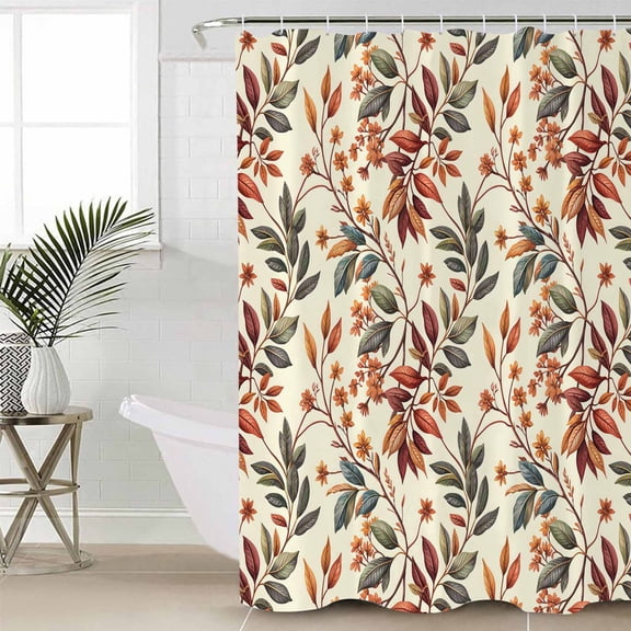 Fall Leaves Small Stall Shower Curtain, Waterproof Shower Curtains for Bathroom, Farmhouse Beige Botanical Branch Washable Fabric Cloth Bath Curtain for Bathtub Decoration with Hooks 36x72 Inches