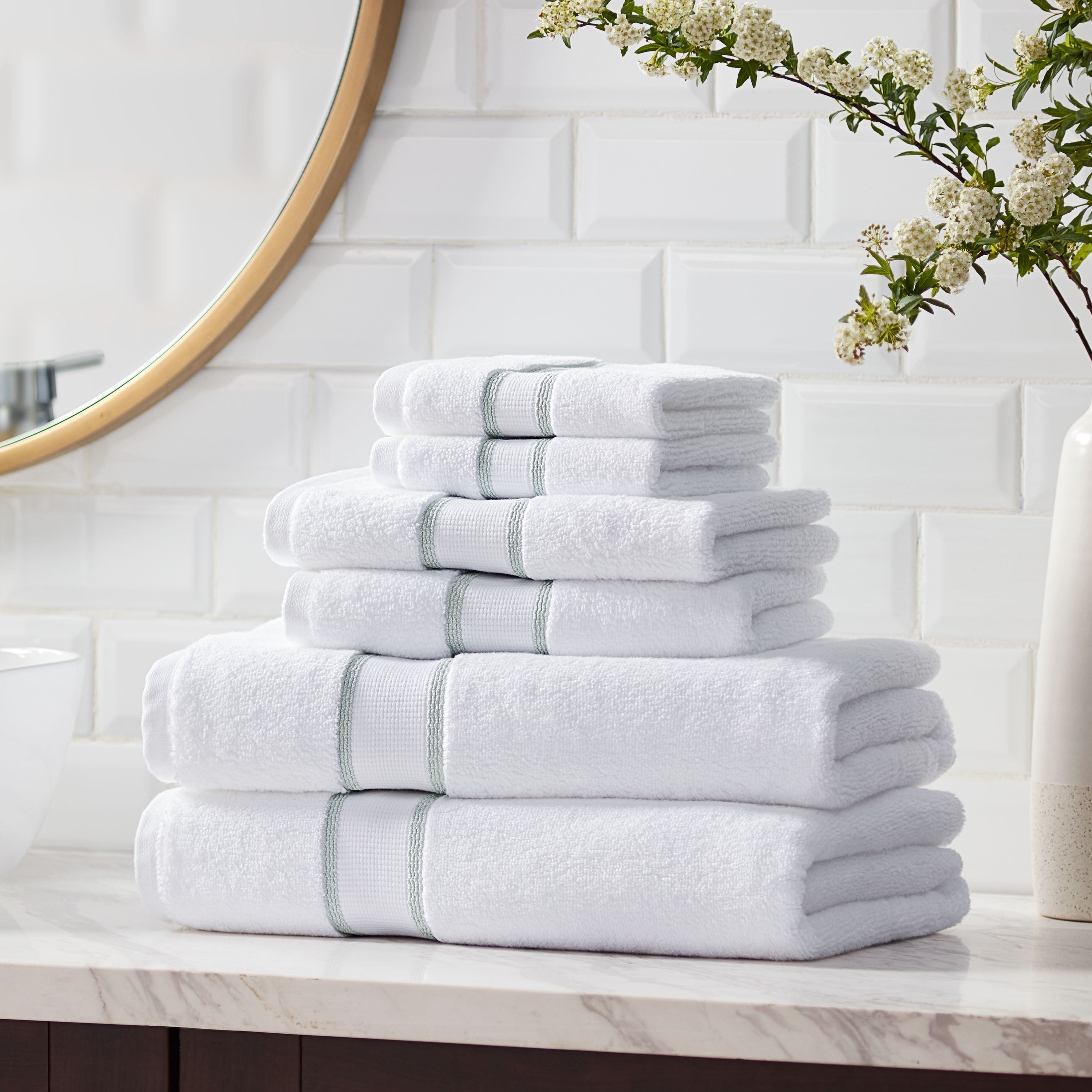 Hotel Style 6-Piece Egyptian Cotton Striped Bath Coordinate Towel Set, Soft Sea