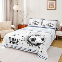 Feelyou Modern Soccer Sports Queen Sheet Sets for Kids, West Football Flat Sheet, White Navy Cartoon Theme Queen Fitted Sheet, Super Cozy Room Decor, 4 Pieces
