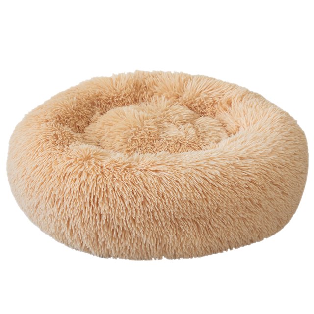 Cama redonda para mascotas Blusea, diseño acogedor en felpa suave, color champán, diámetro de 45cm, ideal para mascotas de hasta 2.5kg. Incluye caja de regalo resistente.
