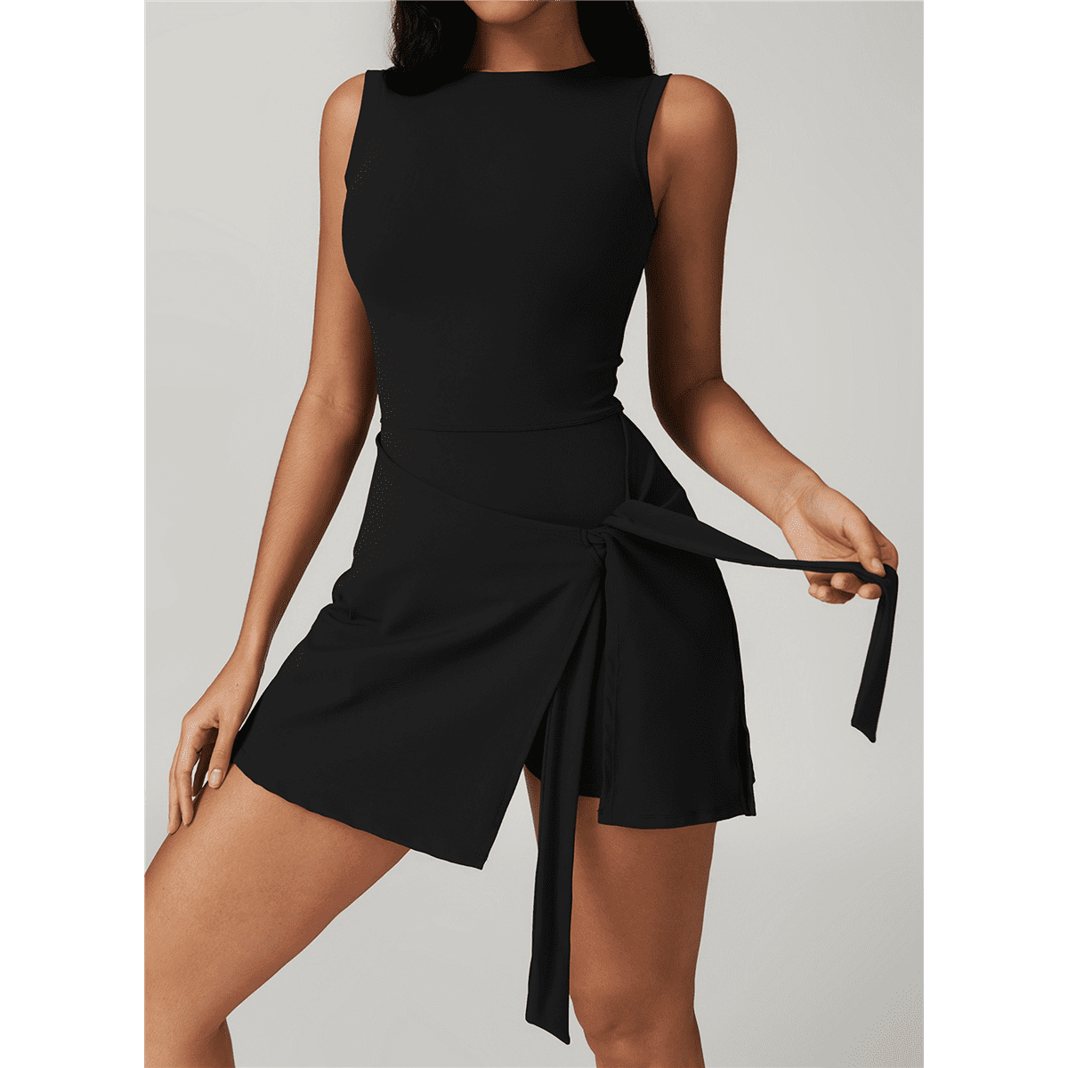 Womens High Neck Tennis Dress Sleeveless Wrap Skirt Built in Shorts Golf Athletic Dress Workout Rompers Advanced Black S
