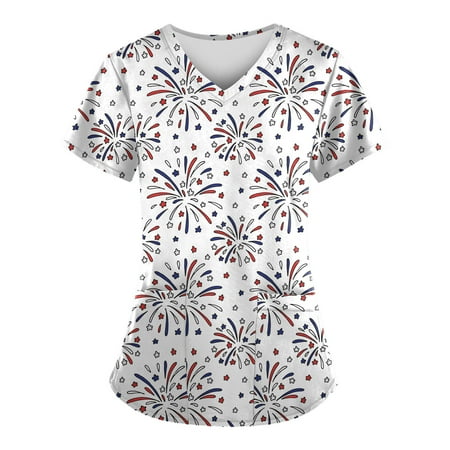 

Sksloeg Spring Printed Scrub Tops for Women Breathable American Flag Star Print Scrub Tops V-Neck Independence Day T Shirts Workwear Nurse Uniform Tee with Pockets White XL