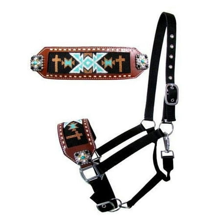 Showman Nylon Bronc Halter w/ Cross Beaded Design Leather Noseband