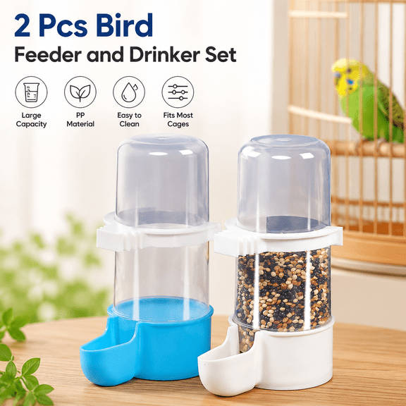 2 Pcs Bird Feeder and Drinker Set Clear Plastic Seed and Water Dispenser Large Capacity Fits Most Cage Automatic Feeding for Parrot Parakeets Canaries Finches Birds Supplies