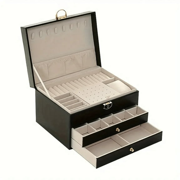 JQDWMDLX Large-Capacity Three-Layer Jewelry Box, Pu Leather Multi-Functional Jewelry Box, Watch Box with Lock, Ring Earrings Necklace Storage Container Valentine Day,Black