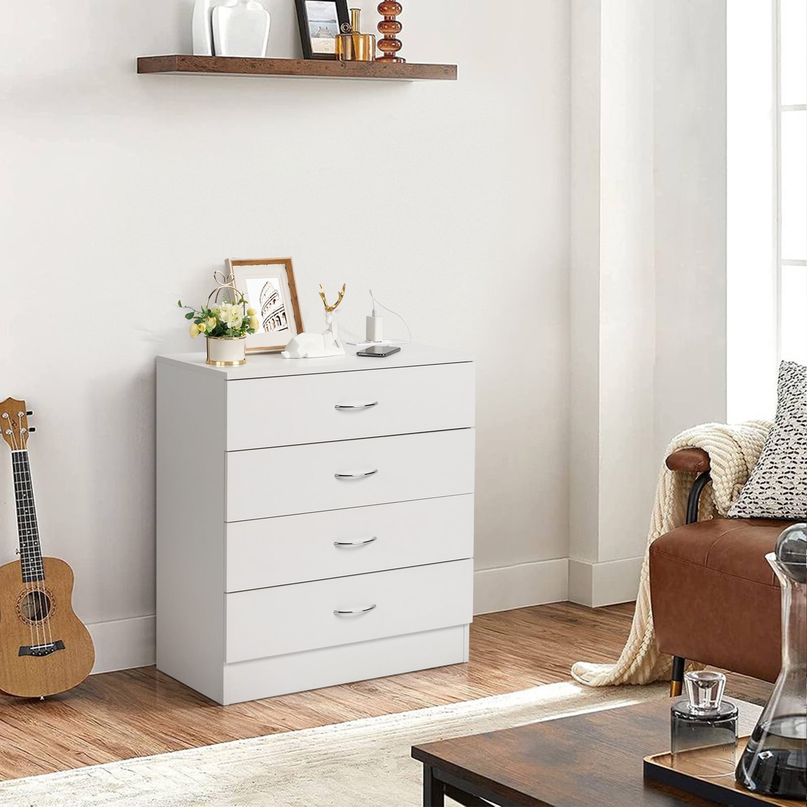 PB Wood 4-Drawer Nightstand Dresser With 2 USB Ports & 2 Outlets P2 Material For Bedroom Living Room Space-Saving Storage​ White