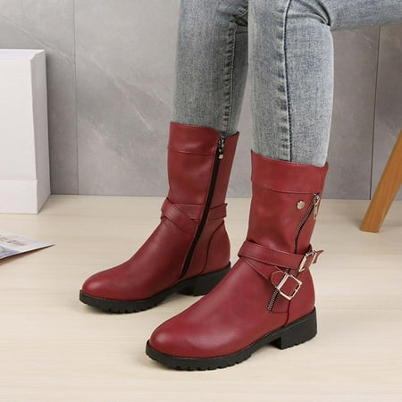 

Qepwscx Women s Casual Low-Heeled Round-Toe Boots Artificial Leather Buckle Side Zipper Boots