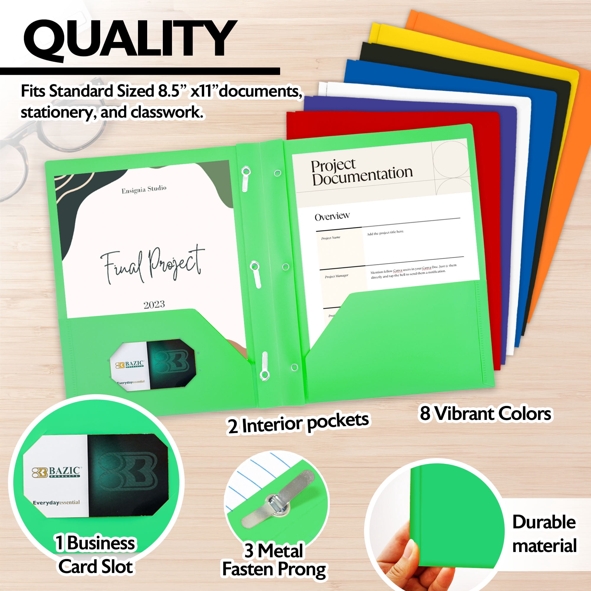 BAZIC Solid Color 2 Pocket Paper Portfolios, 3 Prong Fastener Clip Poly Folders, 48-Pack