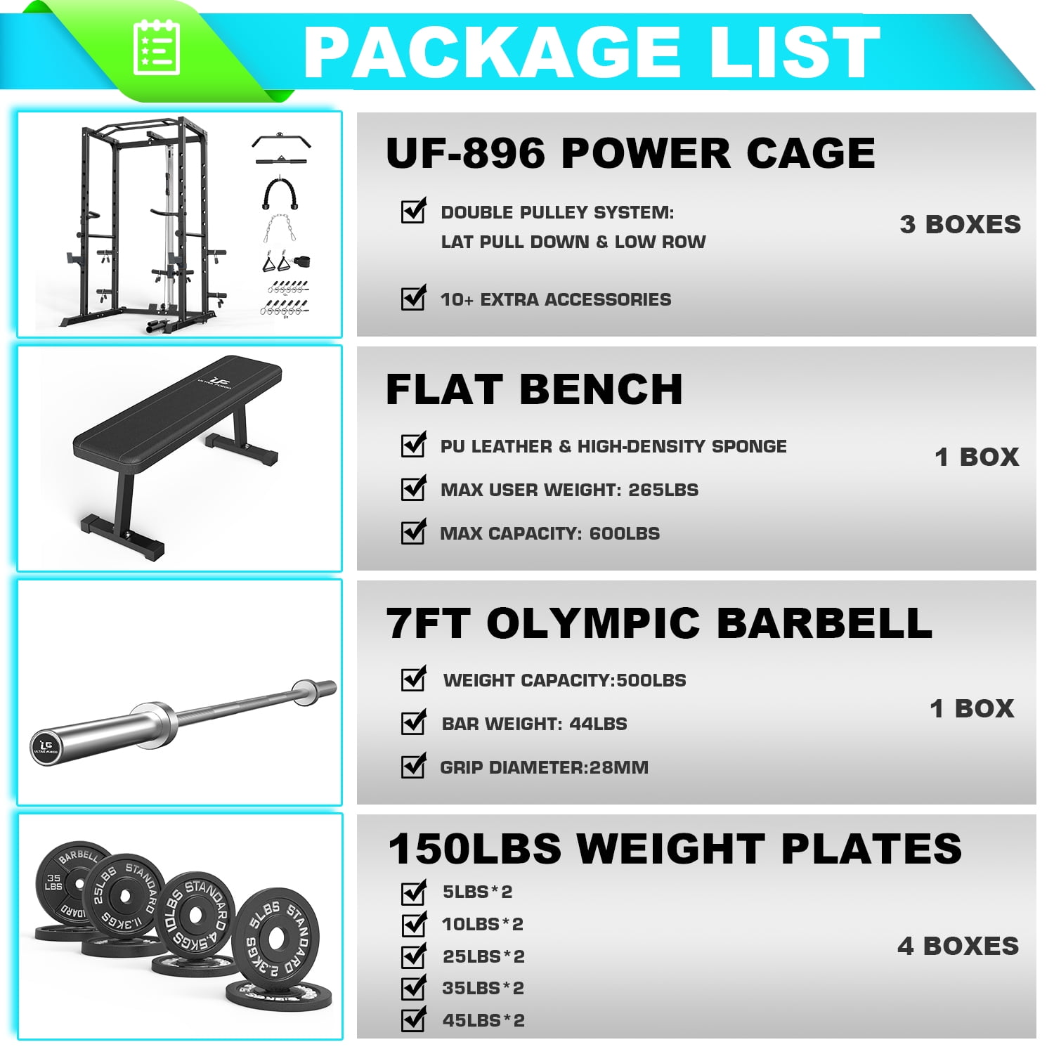 ULTRA FUEGO Power Cage, Multi-Functional Power Rack with J-Hooks, Dip Handles, Landmine Attachment and Optional Cable Pulley System for Home Gym with 150 Weight plates ,bench,Olympic Bar