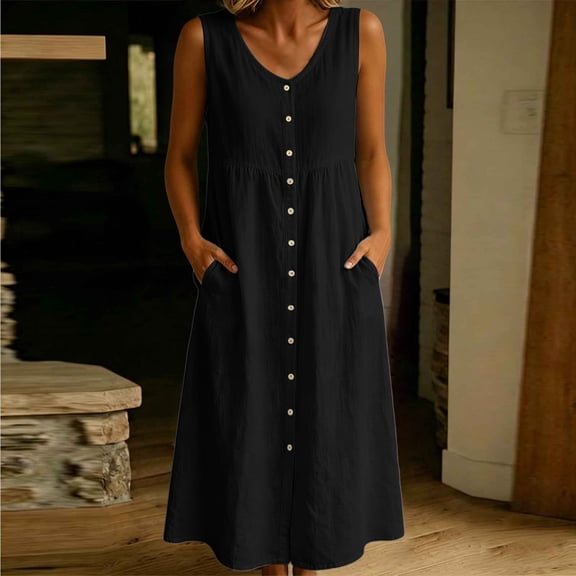 ClodeEU Women's V Neck Sleeveless Maxi Dress,Casual Loose Fit Flowy Dress with Pockets Black,Women's Plus L