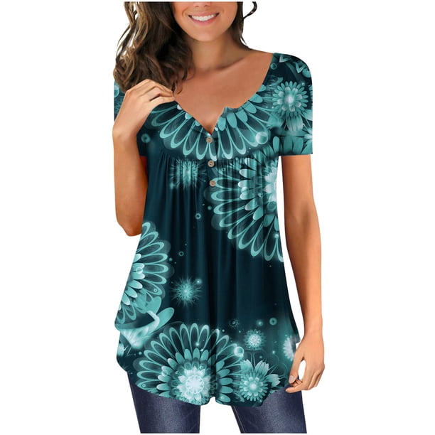 Pntutb Mujeres Moda V-Cuello Gradiente Impreso Túnica tops Botones Camiseta de manga corta Pntutb Pntutb-368
