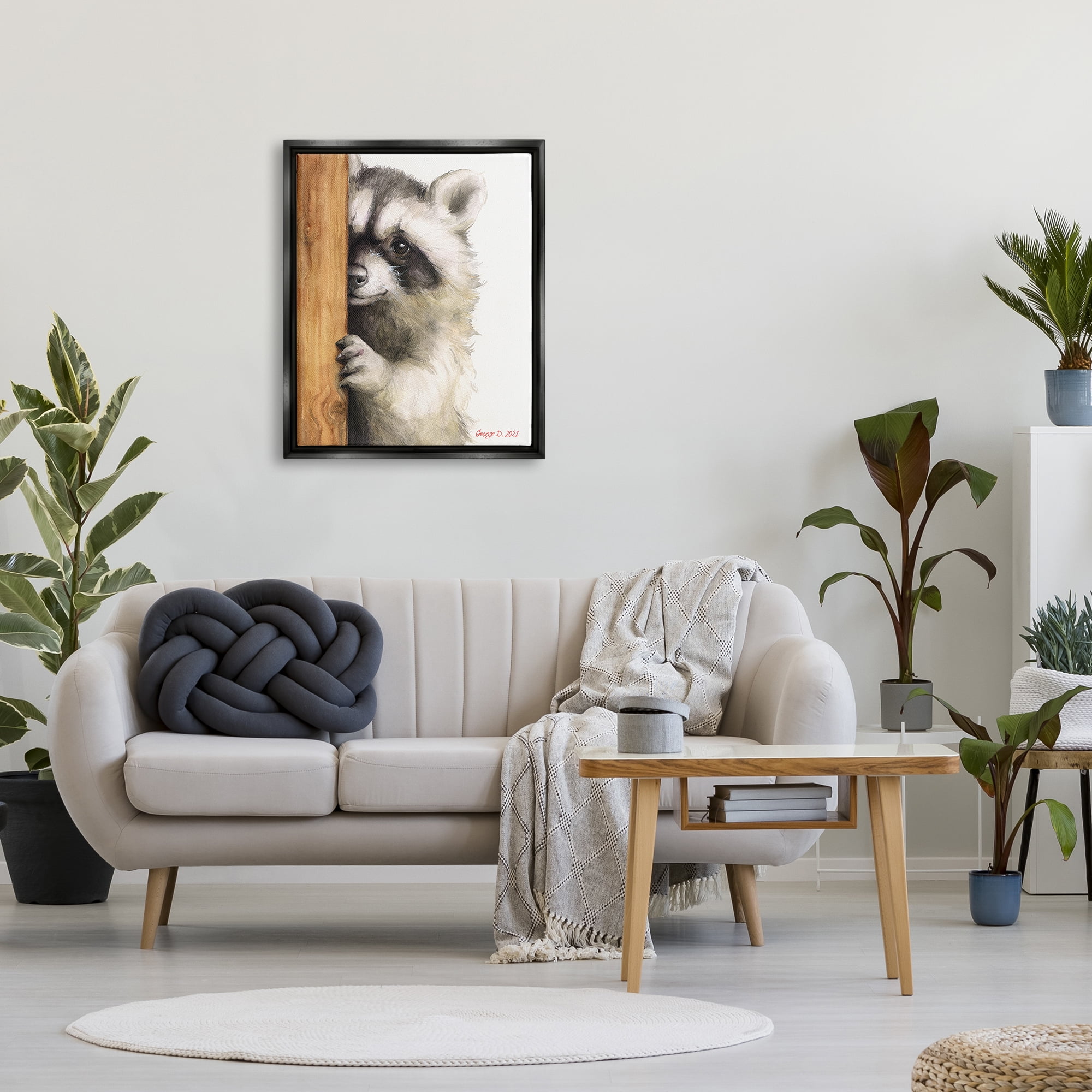 Stupell Industries Peering Raccoon Cute Smile Watercolor Animal Painting Painting Jet Black Floating Framed Canvas Print Wall Art, Design by George Dyachenko