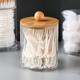 thumbnail image 4 of Qtip Holder Dispenser with Bamboo Lids, 10 oz Clear Plastic Apothecary Jar Containers, Vanity Makeup Organizer Storage, Bathroom Accessories for Cotton Swab, Ball, Pads, Floss, 4 of 6