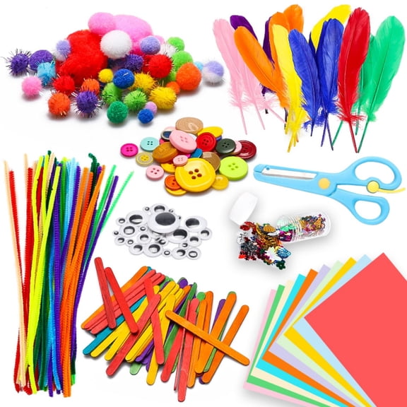 800Pcs DIY Art Craft Kit,Creative Pompoms Pipe Cleaners Feathers Sequins Buttons Colorful Wooden Sticks Colorful Construction Paper School Projects Party Supplies