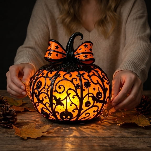 Tiffany Style Stained Glass Pumpkin Lamp, Gothic Halloween Jack-O-Lantern LED Light Up Tabletop Decor, Halloween Decor Accent Lamp for Home Indoor Holiday Party Ornament