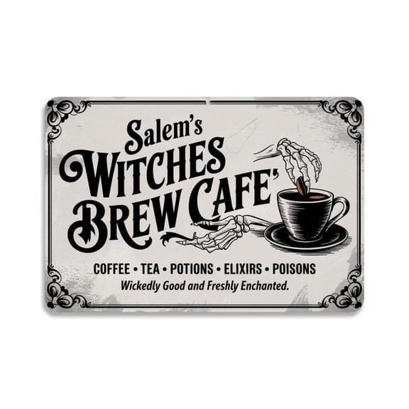 Salem's Witches Brew Cafe Skeleton Hands Coffee Tea Tin Sign, Vintage Halloween Metal Sign Print Aesthetic Room Decoration for Home Bedroom Kitchen Dorm Bathroom Wall Decor 8 X 12, Easy to Hang