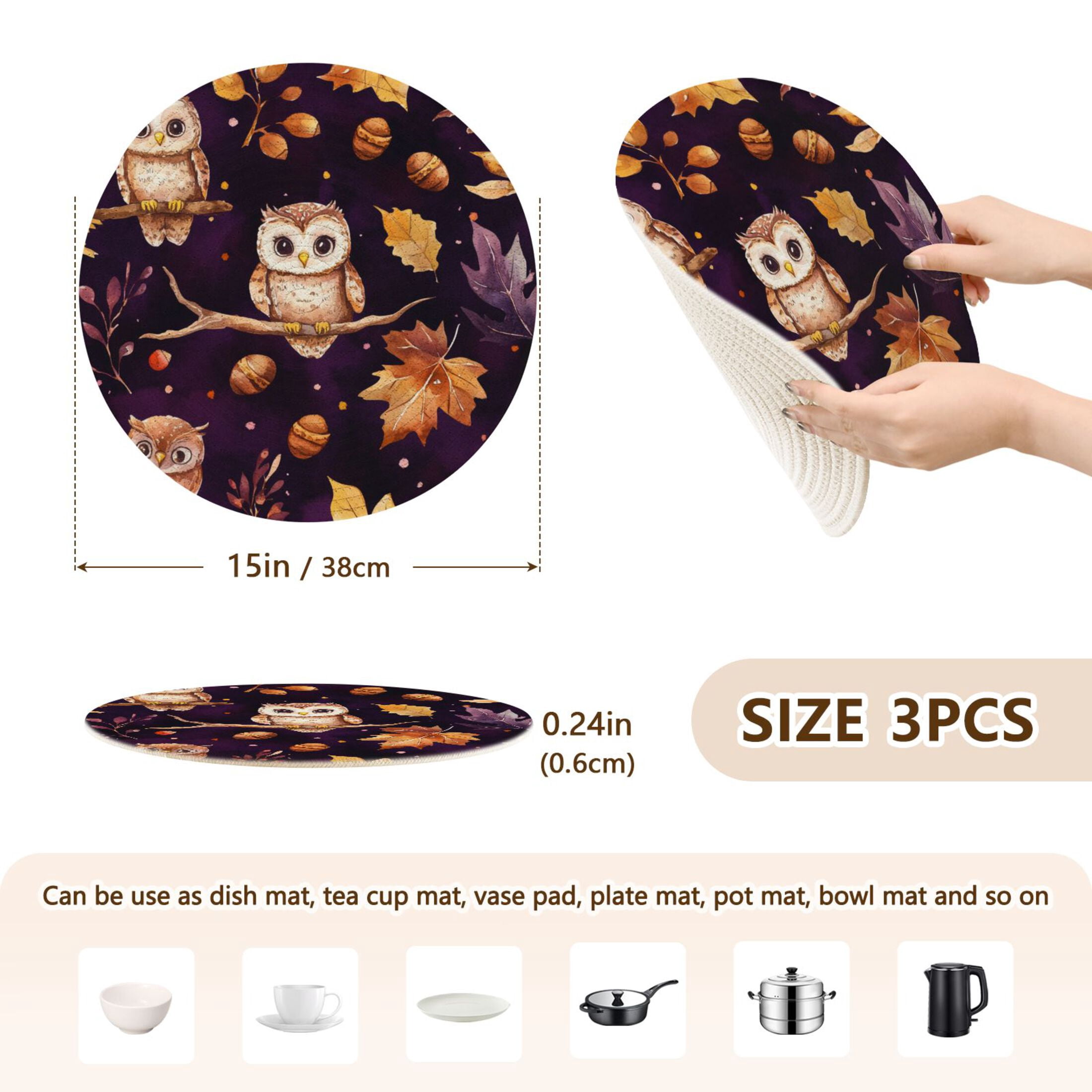 WOBOGO Adorable Baby Owls and Acorns Pattern Coil Placemats 3pcs Resistant Hot Pads Mat for Table Counter Cooking Potholder 15in