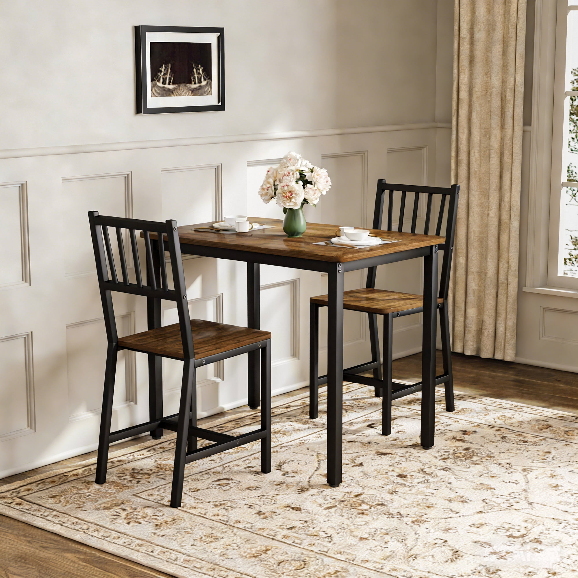 Dining Table Set, Bar Table with 2 Chairs, Walnut, 35.4 in L x 23.6 in W x 29.7 in H