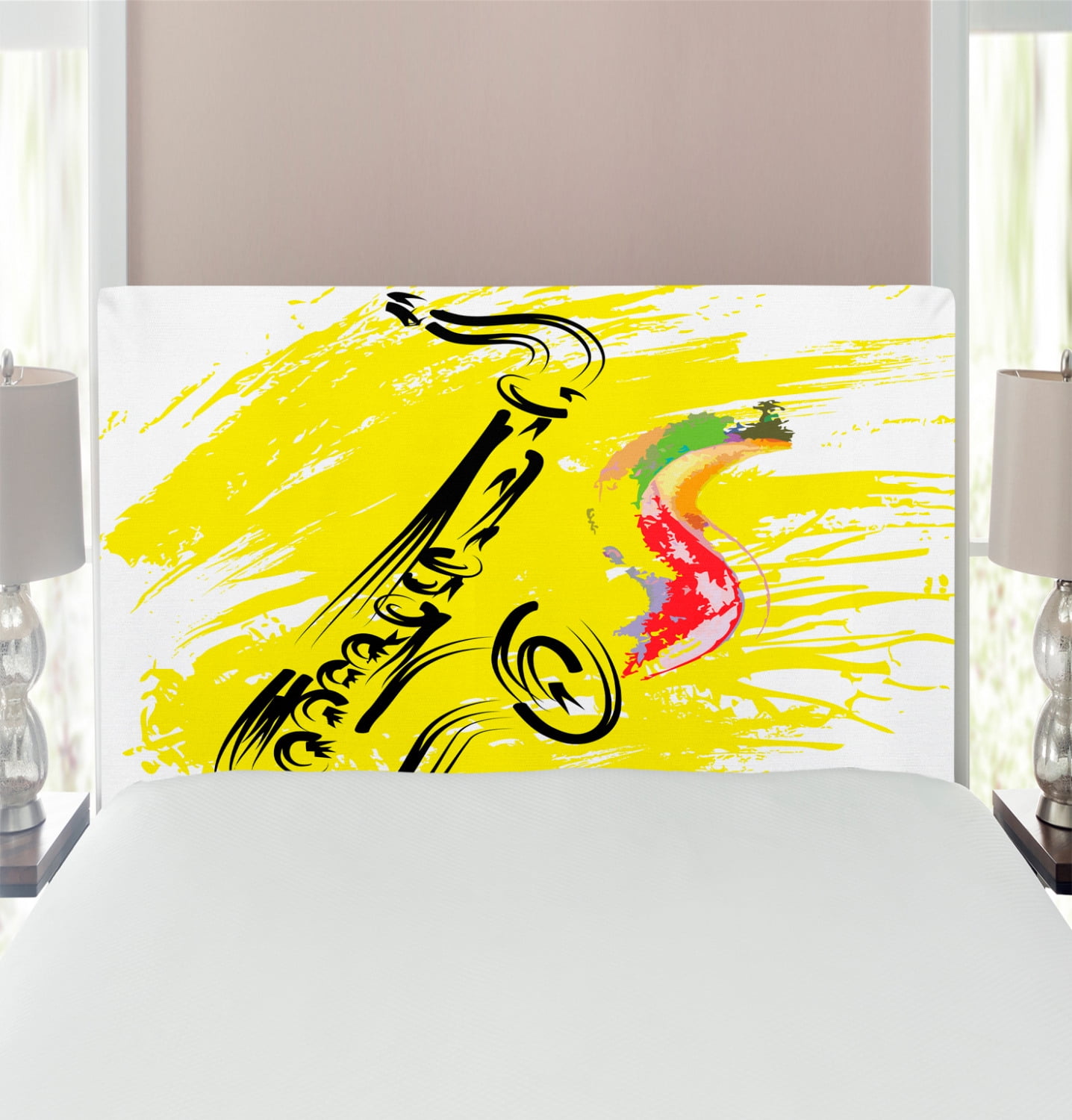 Jazz Music Headboard Saxophone Color Paint Splash Background Design Illustration Upholstered Decorative Metal Bed Headboard With Memory Foam Yellow Black By Ambesonne Walmart Com Walmart Com