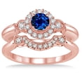 thumbnail image 2 of 2.25 Carat Blue Sapphire And Moissanite Diamond Engagement Ring Antique Three Stone Flower Halo Bridal Set on 10k Rose Gold, 2 of 2