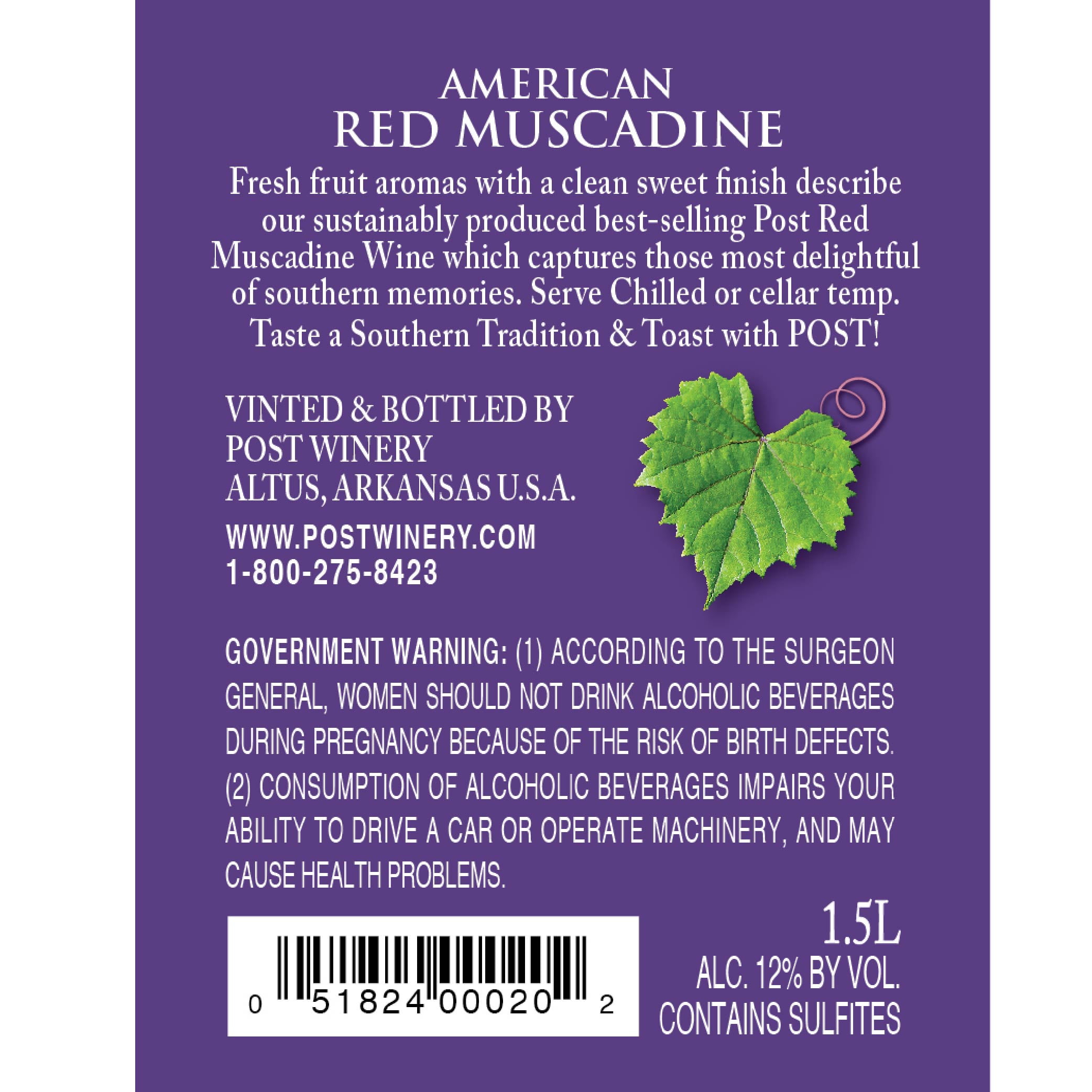Post Winery Red Muscadine Red Wine, 12% ABV, Arkansas, 1.5 L Glass Bottle