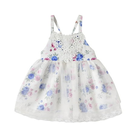 

PEASKJP Hawaiian Dresses for Girls Summer Children Girl Chiffon Flowy A-Line Tulle Princess Sleeveless Dress Knee-Length Halter Dress for Girls Blue 4-5 Years