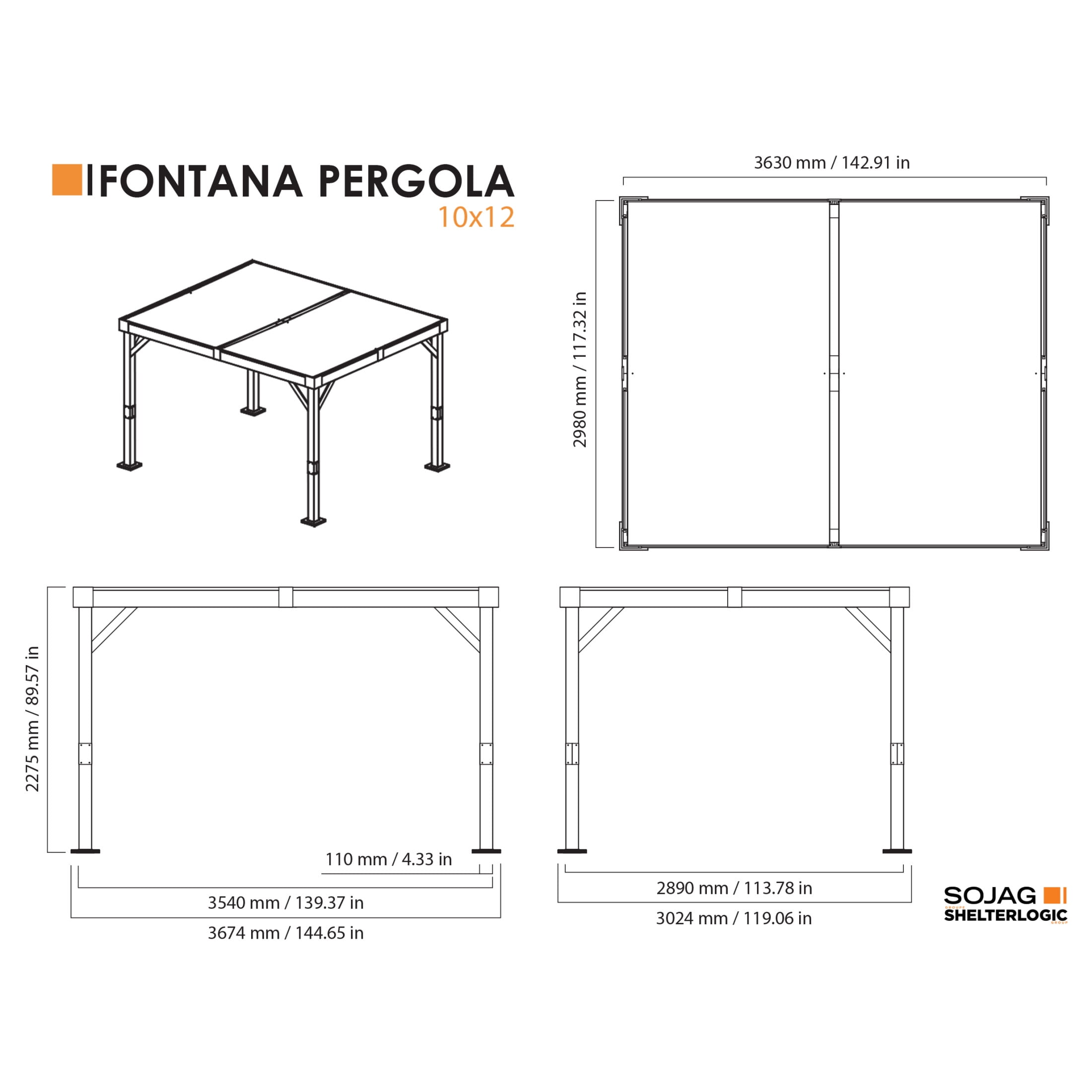 Sojag Fontana 10 x 12 x 8 ft Black Aluminum Frame Pergola