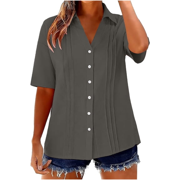 Fewfanhot Women's Tops, Tees & Blouses Summer Tank Tops V Neck Sleeveless Buttons Pleated Casual Shirts Dressy Loose Fit Tshirts Blouses